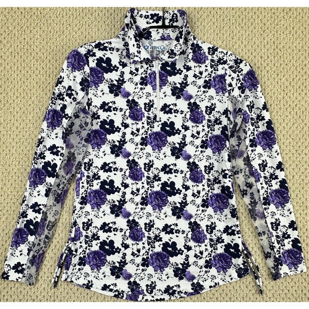 IBKUL 1/4 Zip Womens S Purple Floral AOP Sun Shirt Mesh Long Sleeve Pullover